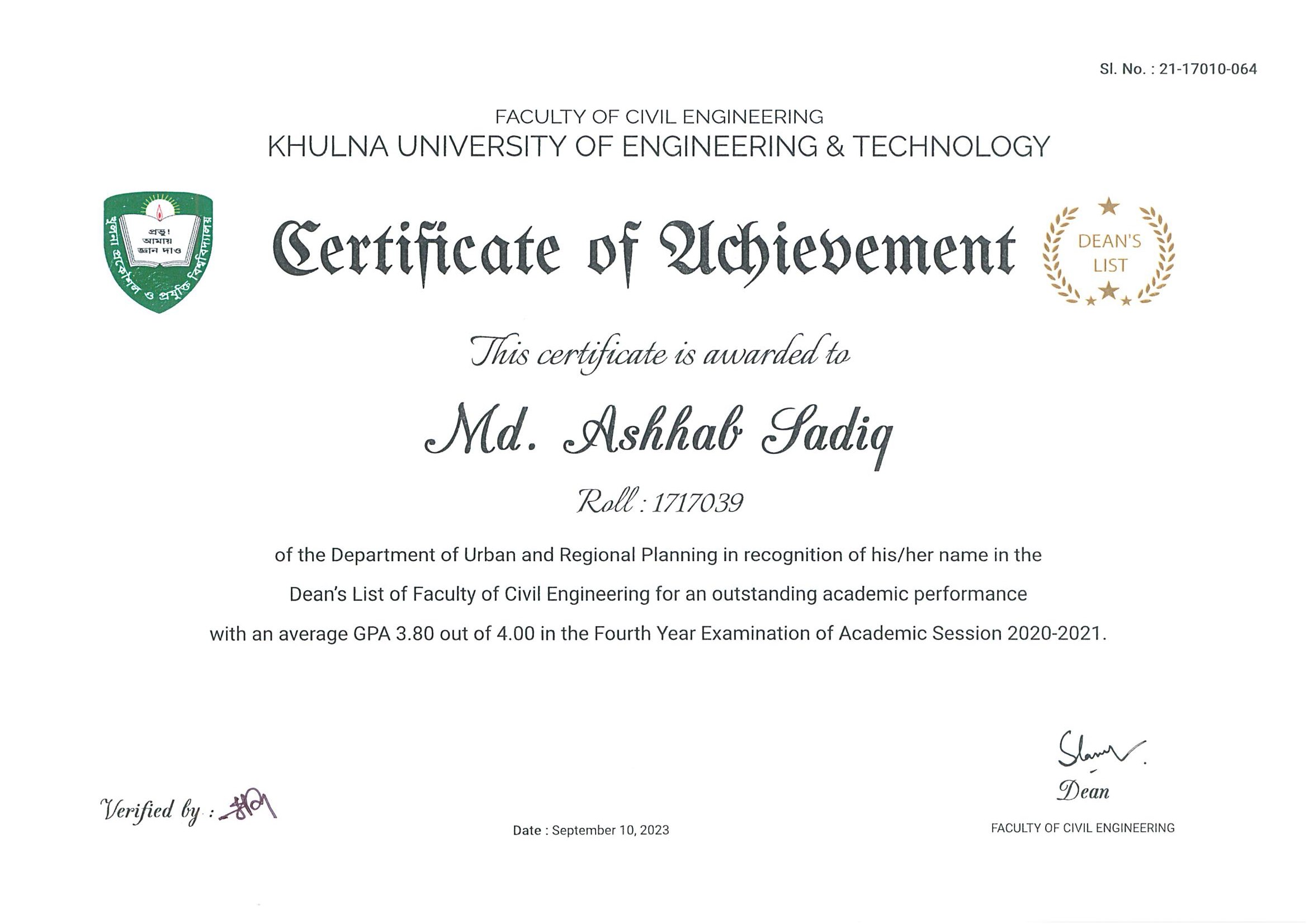 Dean's Award Certificate 1